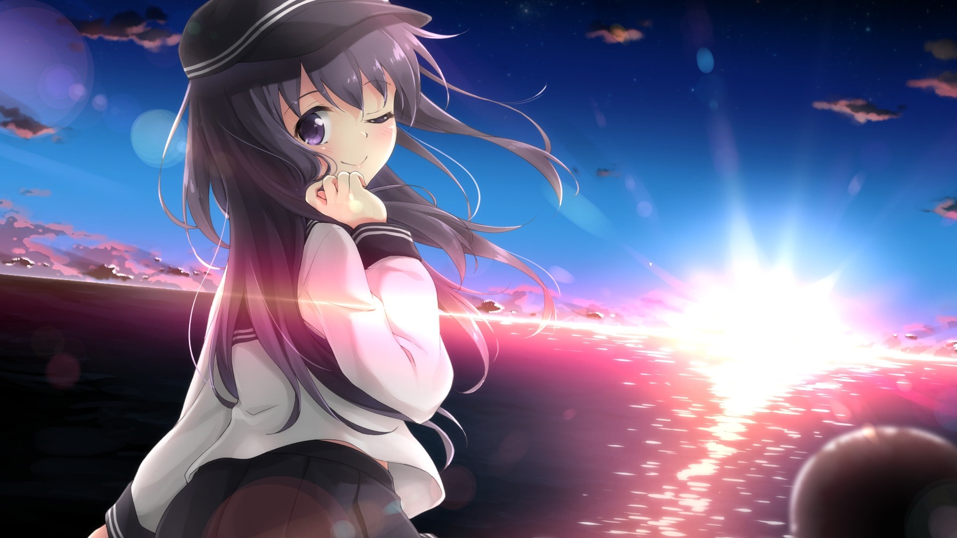 Anime girl in sailor uniform at sunset HD Wallpaper