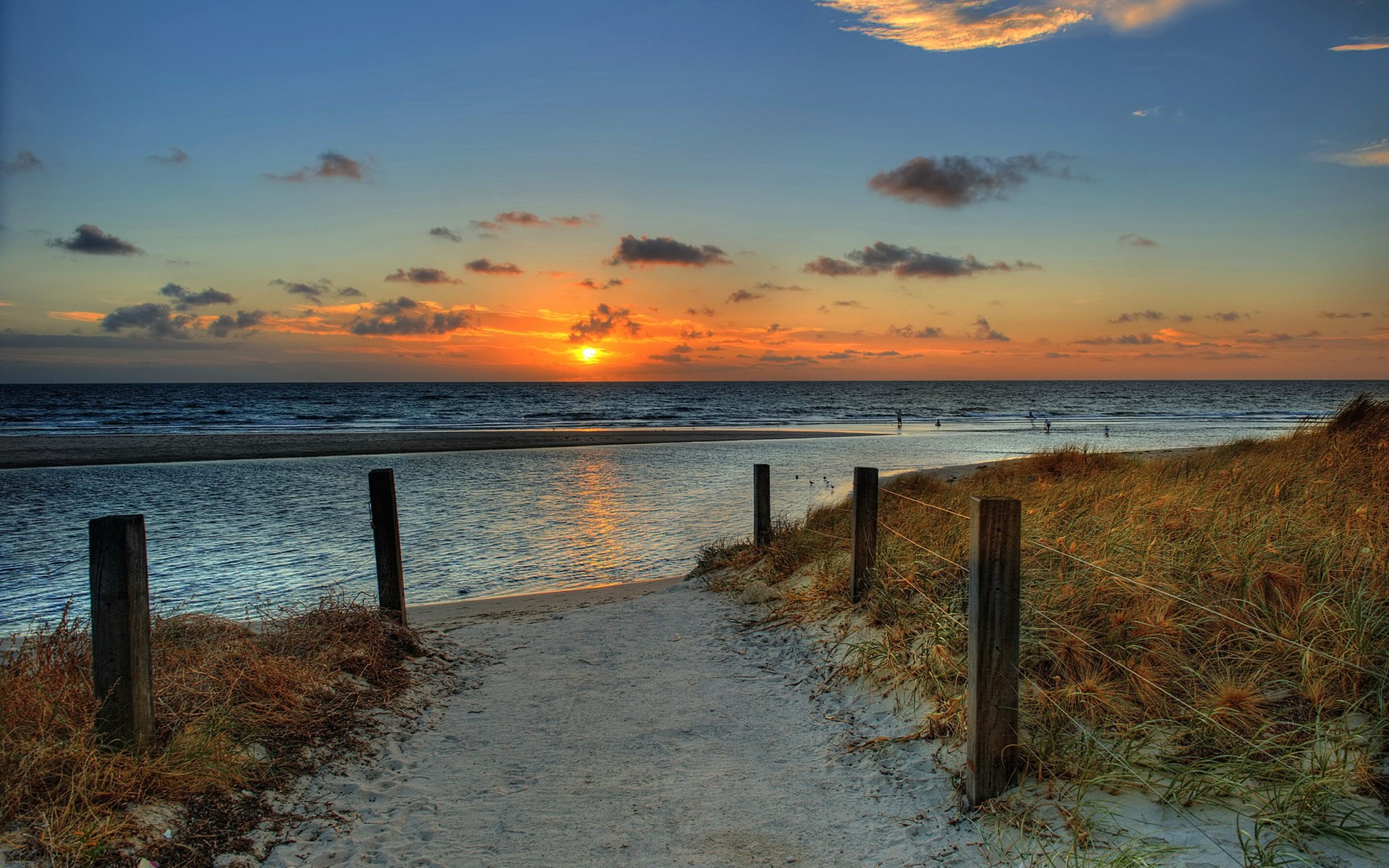 Beach path at sunset with ocean and dunes HD Wallpaper