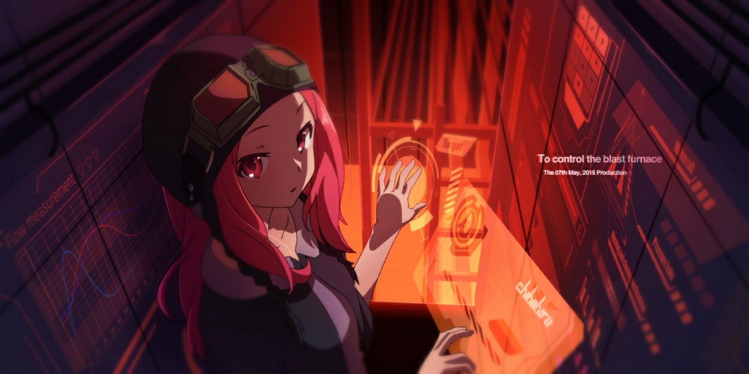 Anime girl with pink hair interacting with futuristic interface HD Wallpaper