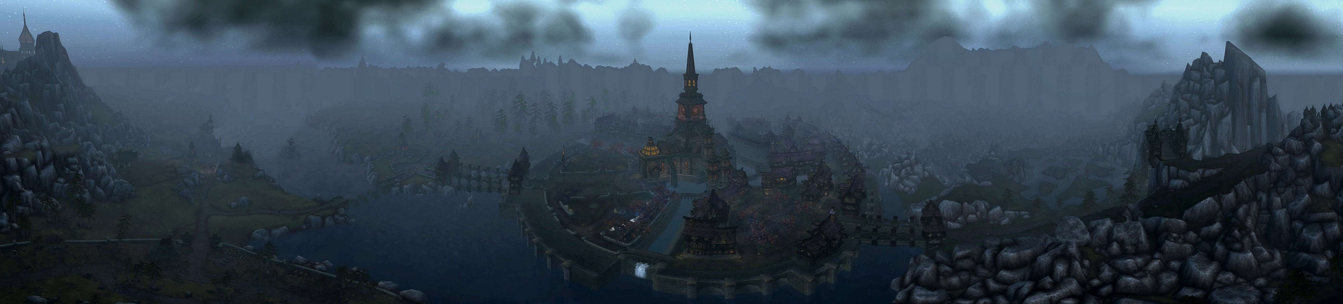 Gilneas Cityscape in World of Warcraft with Fog HD Wallpaper