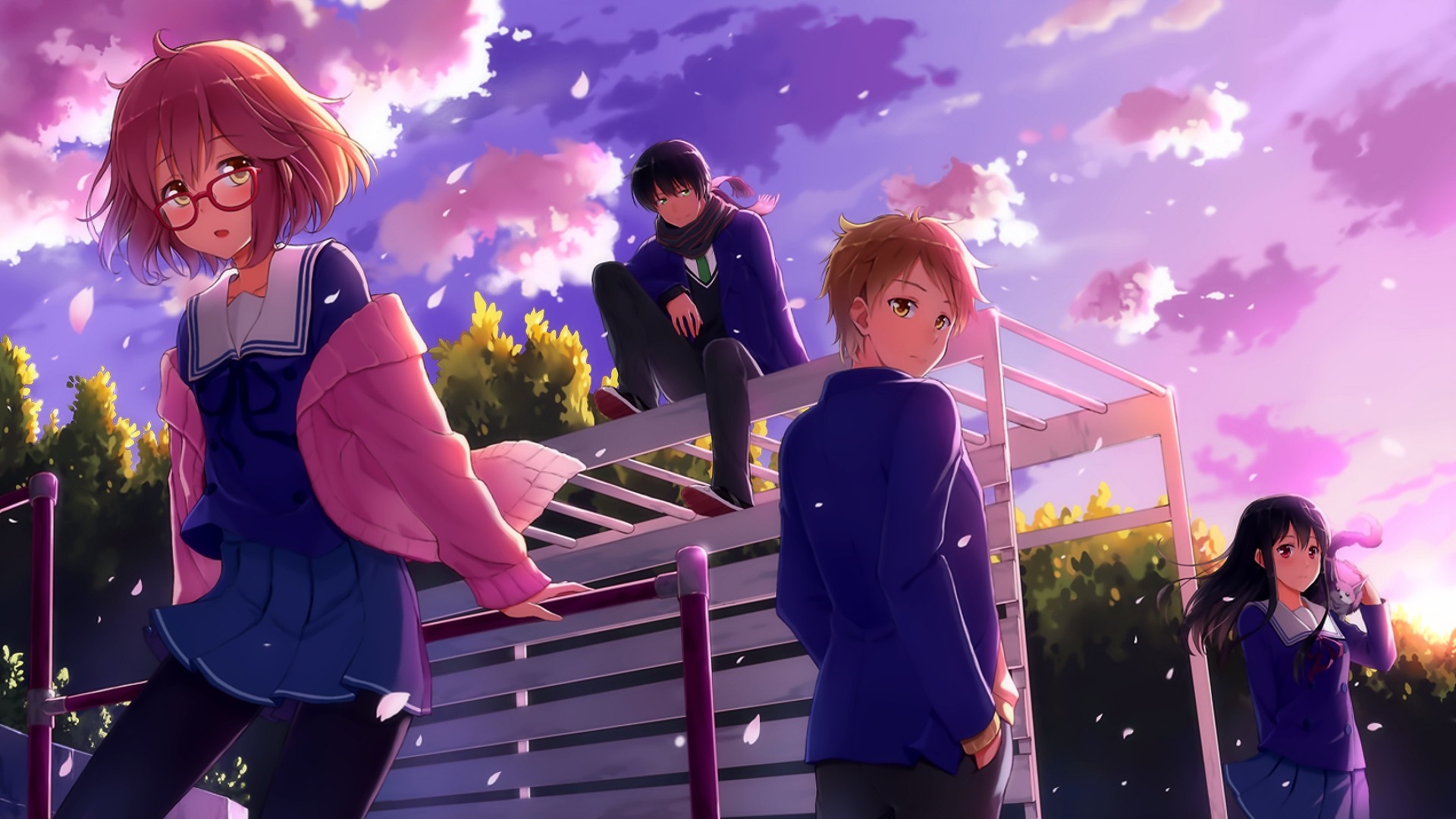 Kyoukai no Kanata characters on a playground at sunset HD Wallpaper