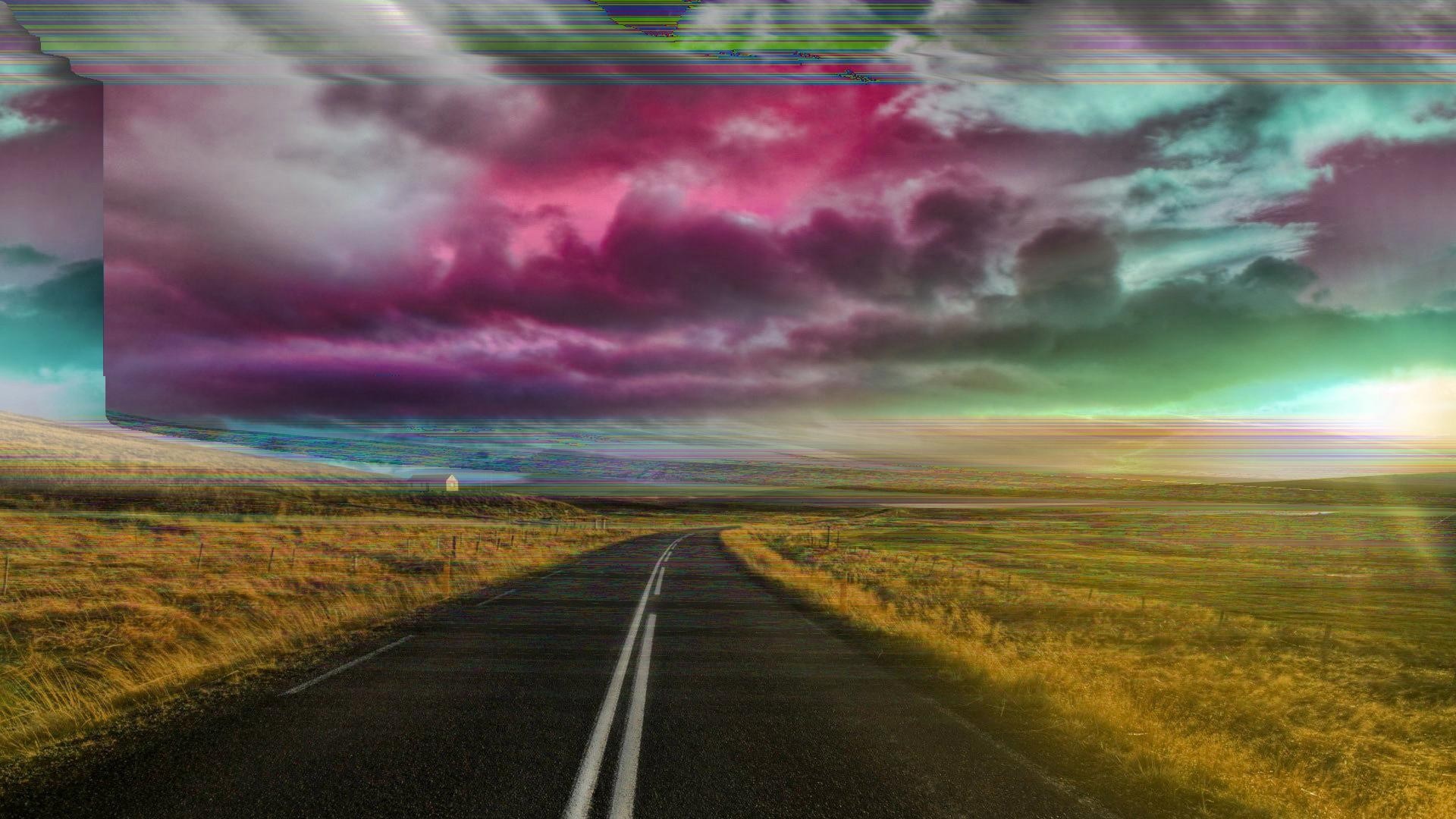 Glitch art road through a colorful, stormy sky HD Wallpaper
