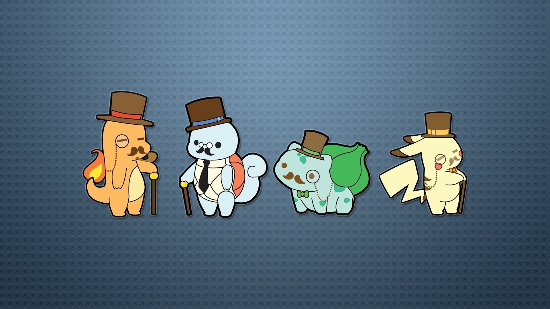 Charmander, Squirtle, Bulbasaur, and Pikachu from Pokemon dressed as gentlemen HD Wallpaper