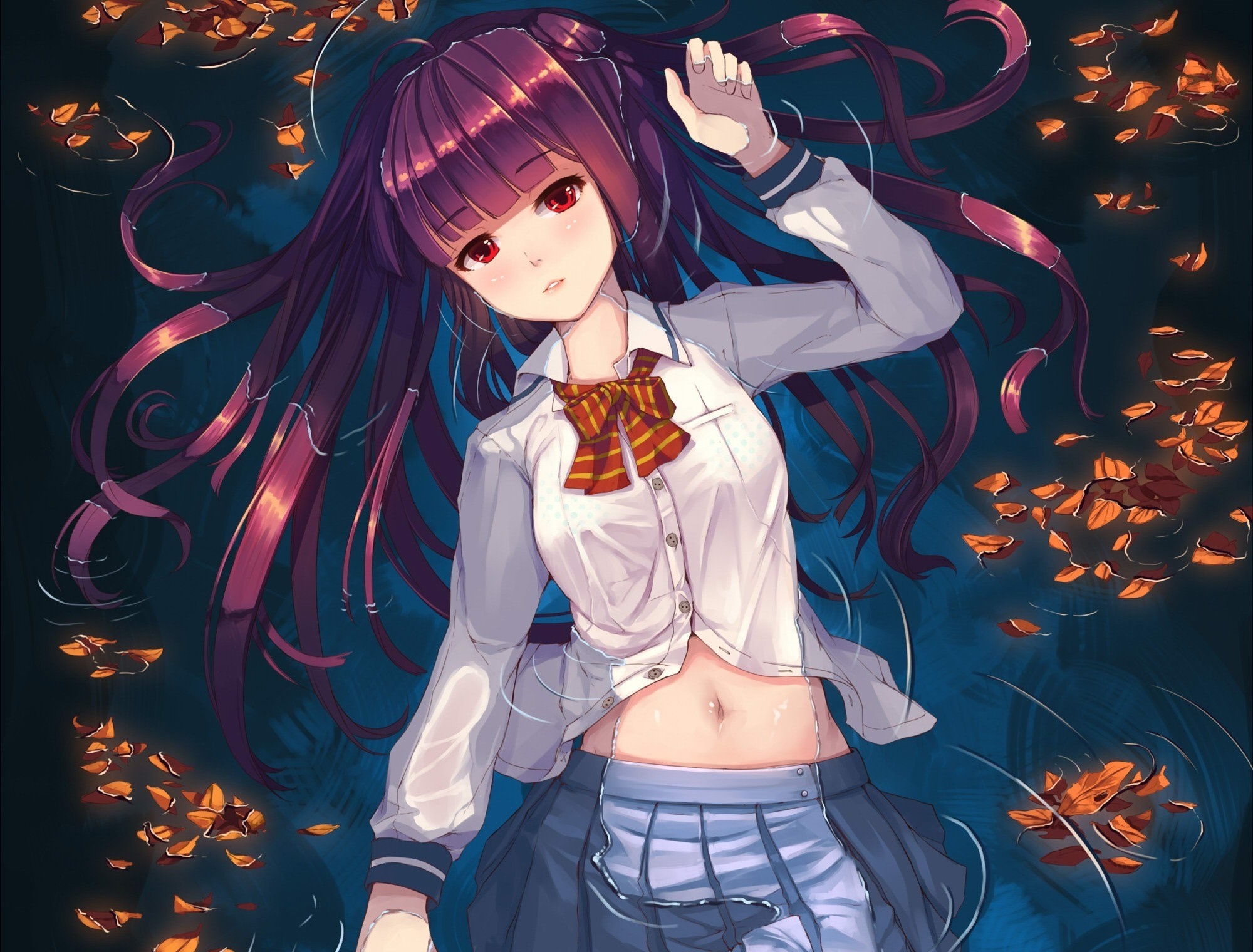 Anime girl with purple hair and red eyes in school uniform HD Wallpaper