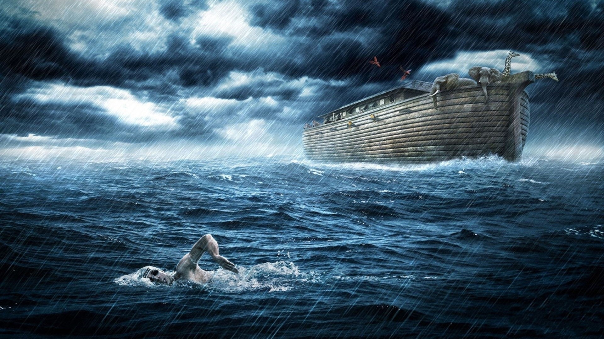 Noah's Ark in a storm with a swimmer HD Wallpaper