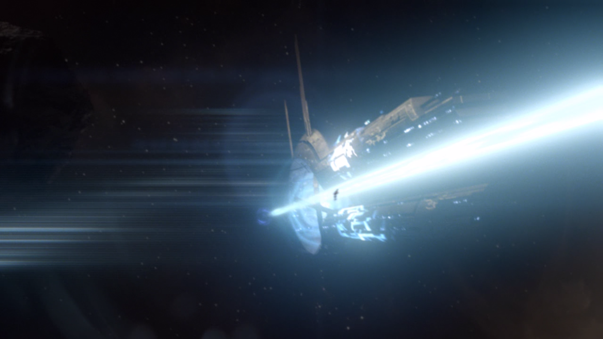 Mass Effect spaceship firing a beam in space HD Wallpaper