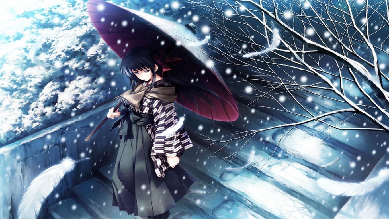 Anime girl with umbrella in snow HD Wallpaper