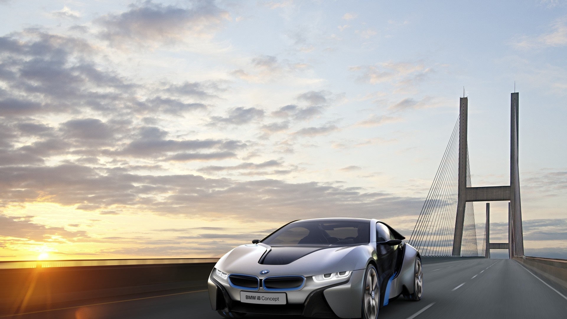 BMW i8 Concept driving on a bridge at sunset HD Wallpaper