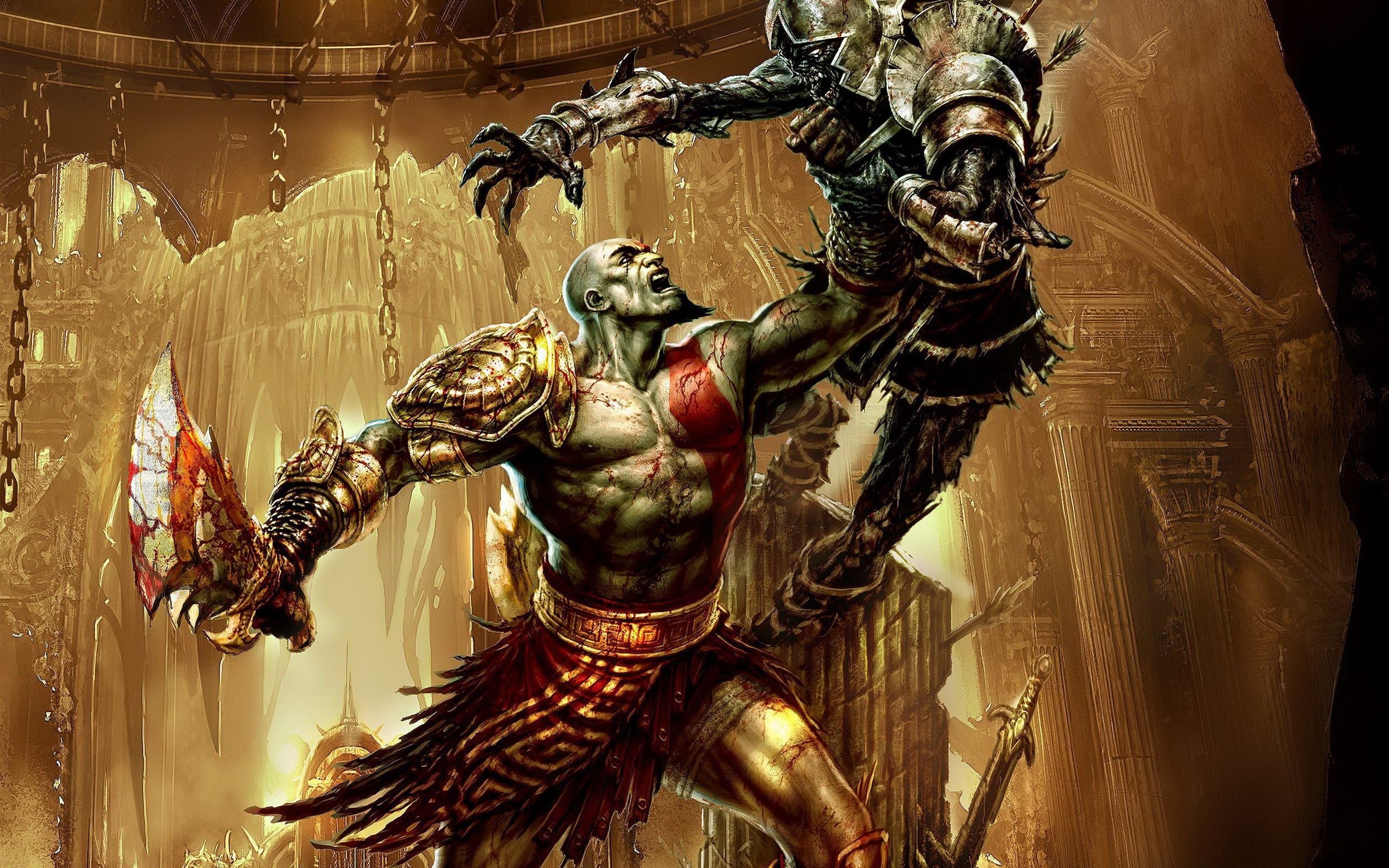 Kratos fighting a skeletal warrior in a temple HD Wallpaper