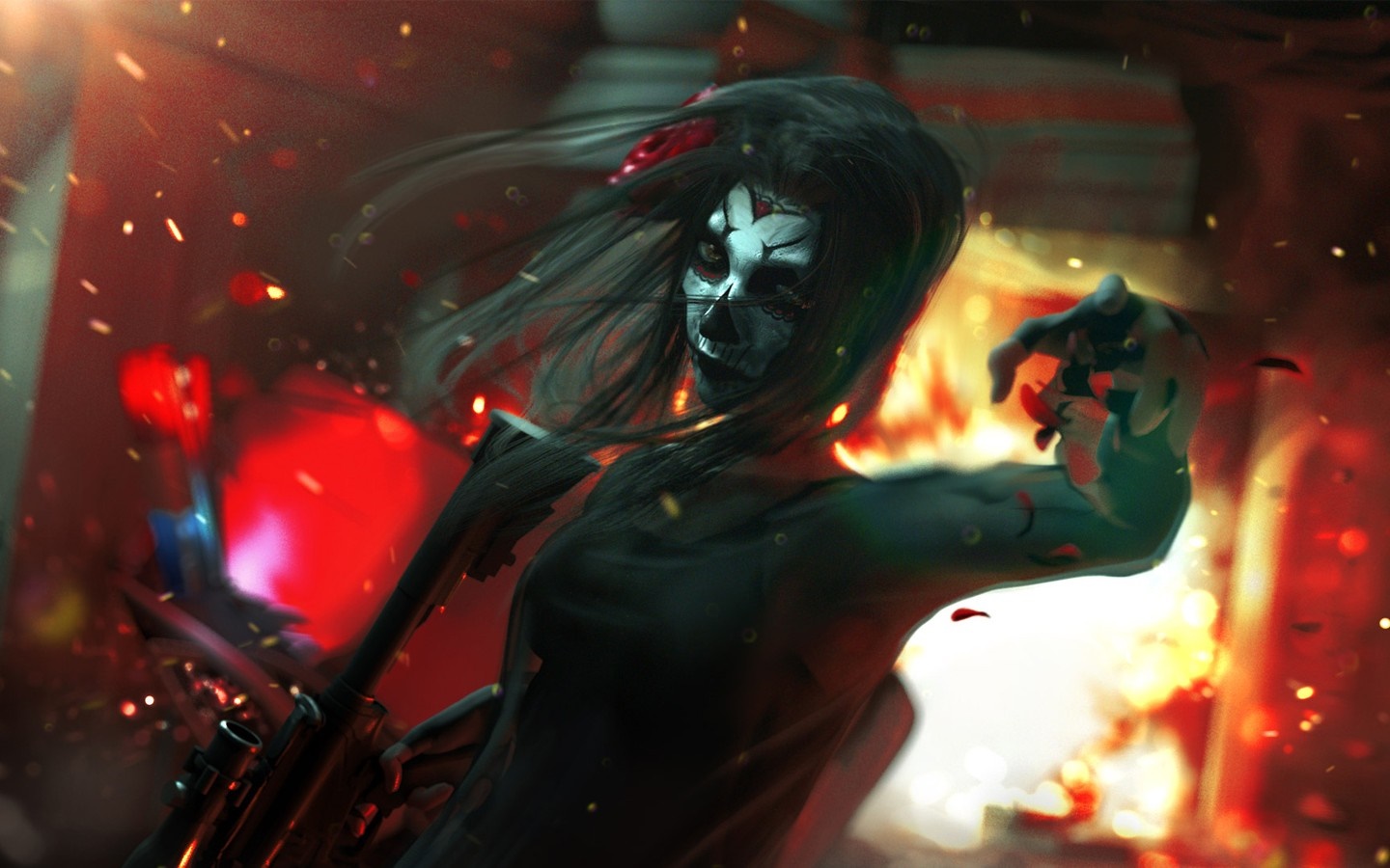 Woman with skull face paint and rifle in explosion HD Wallpaper