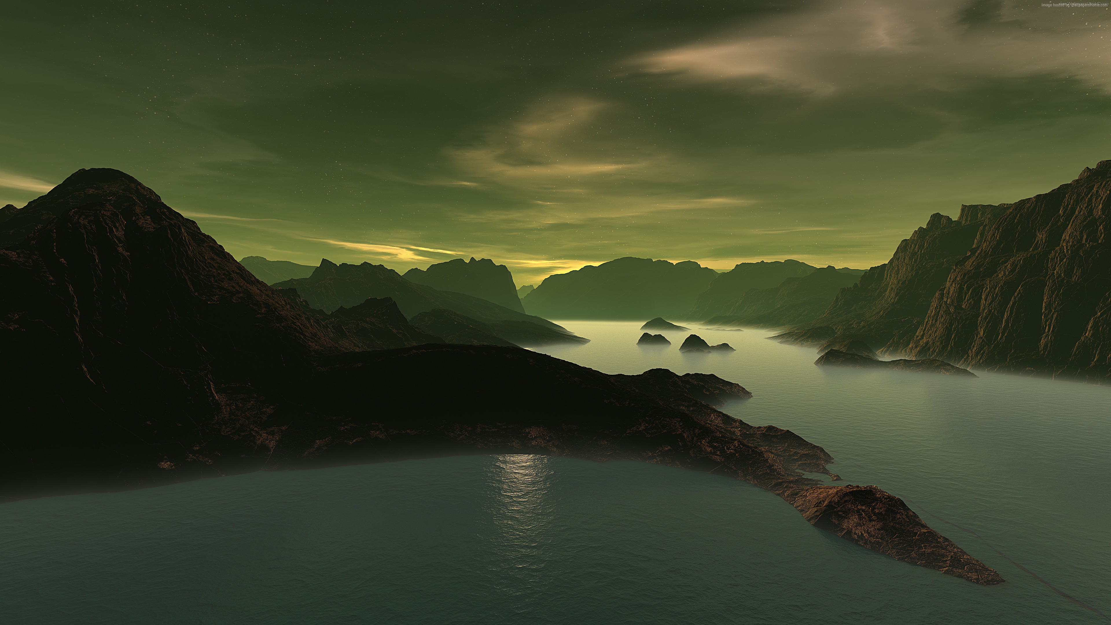 3D mountains and lake at night with clouds HD Wallpaper