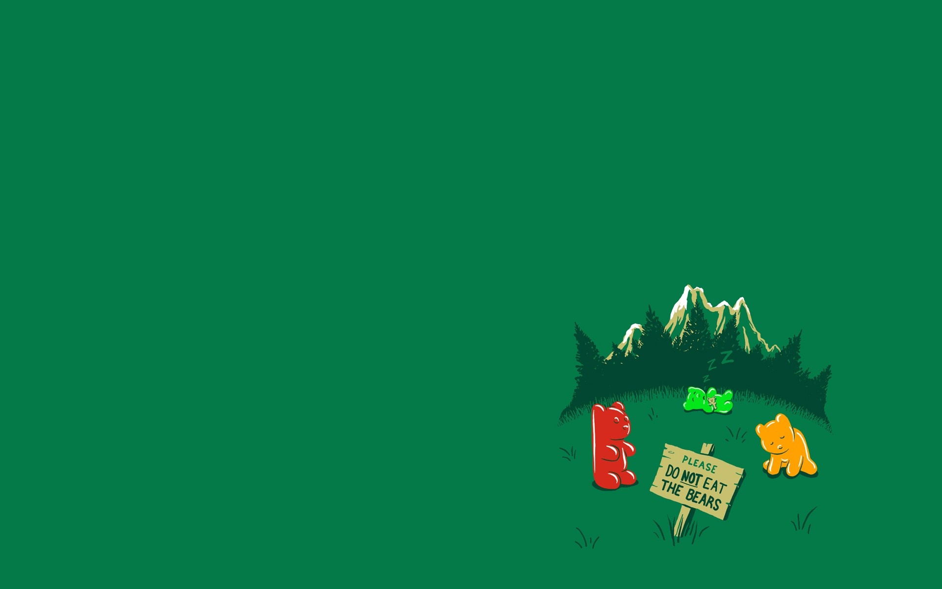 Gummy bears in a forest with a sign HD Wallpaper