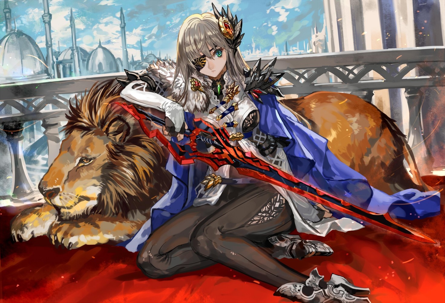 Anime girl with eyepatch and lion HD Wallpaper