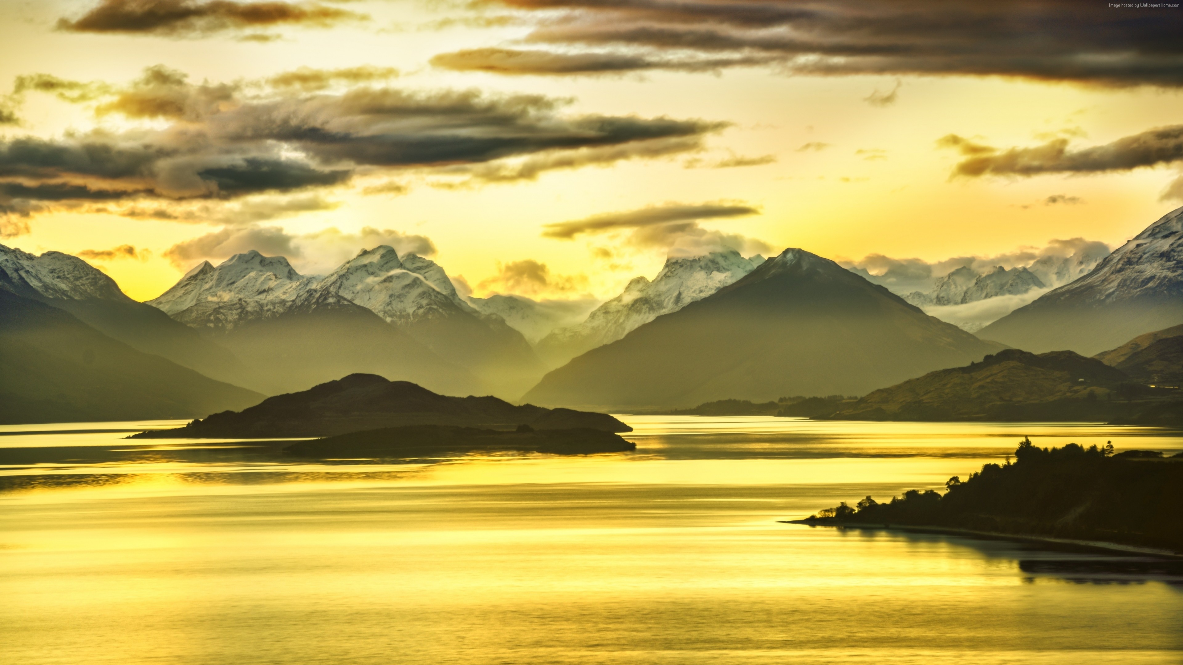 Sunset over mountains and lake in New Zealand HD Wallpaper