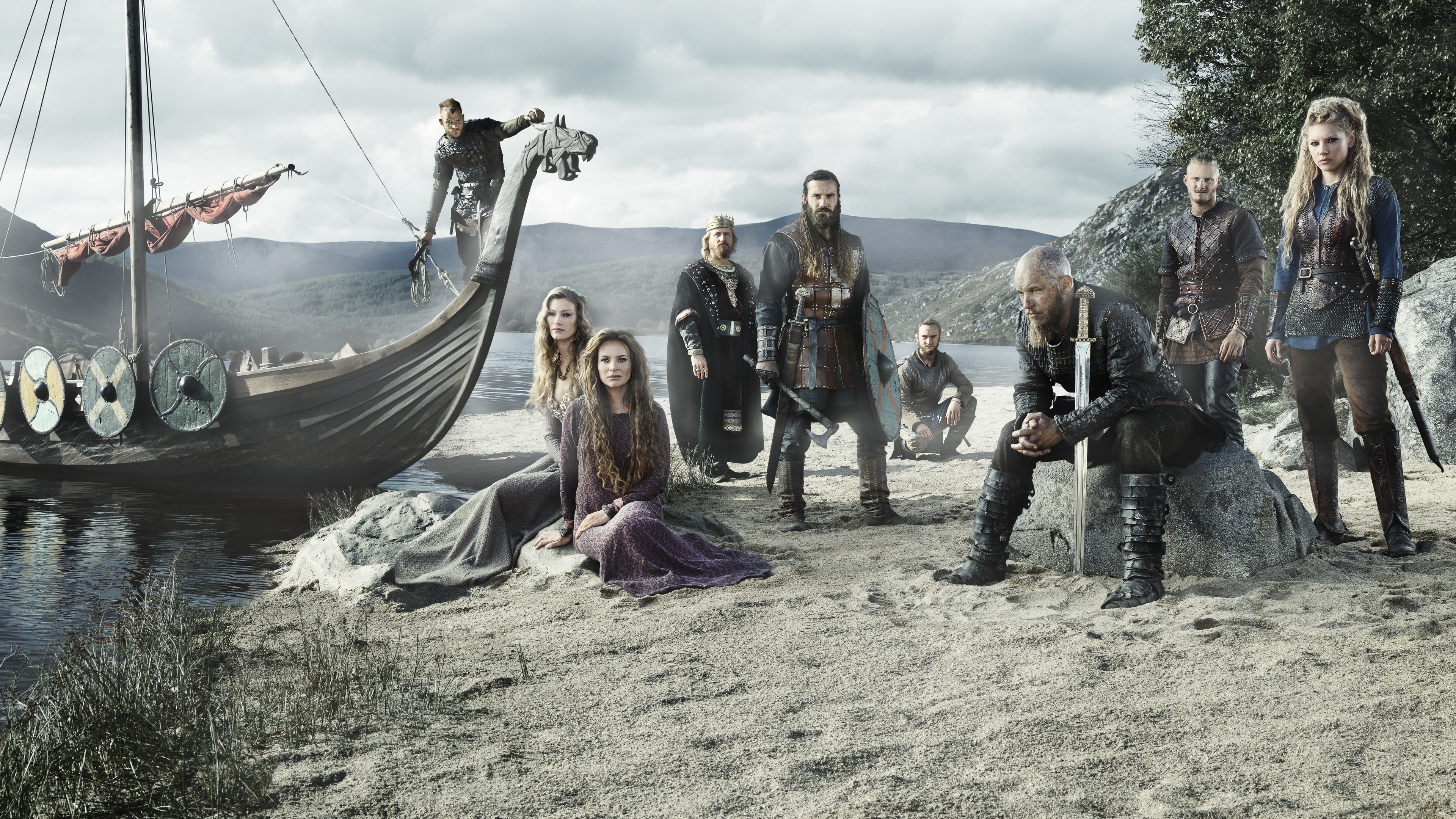 Vikings cast on a beach with a longship HD Wallpaper
