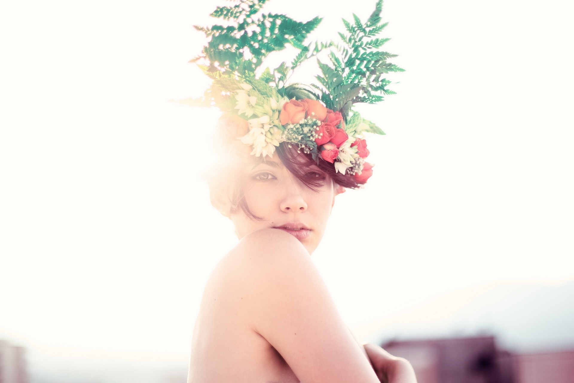 Woman with flower crown HD Wallpaper