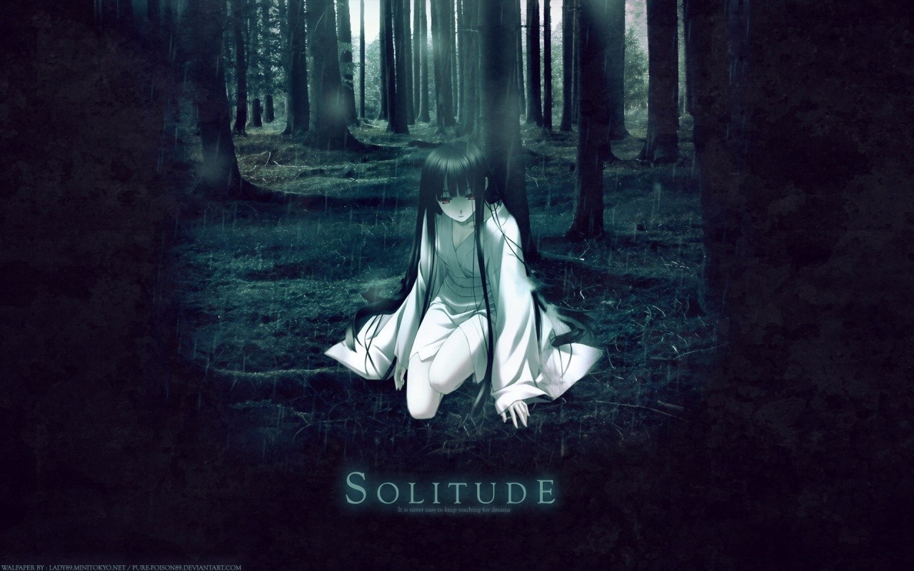 Anime girl in a dark forest with the word Solitude HD Wallpaper