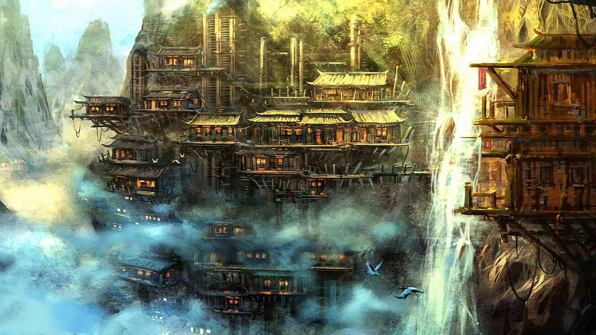 Fantasy village built on a cliffside with a waterfall HD Wallpaper