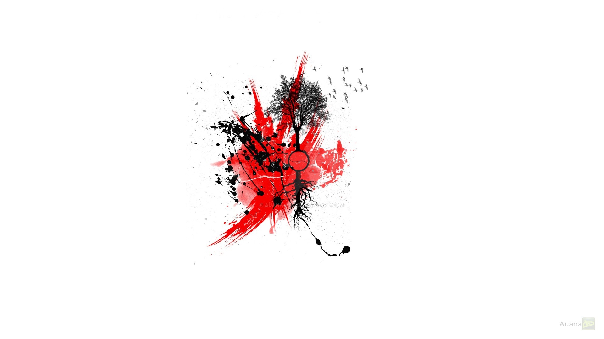 Abstract tree with red and black ink splatters HD Wallpaper