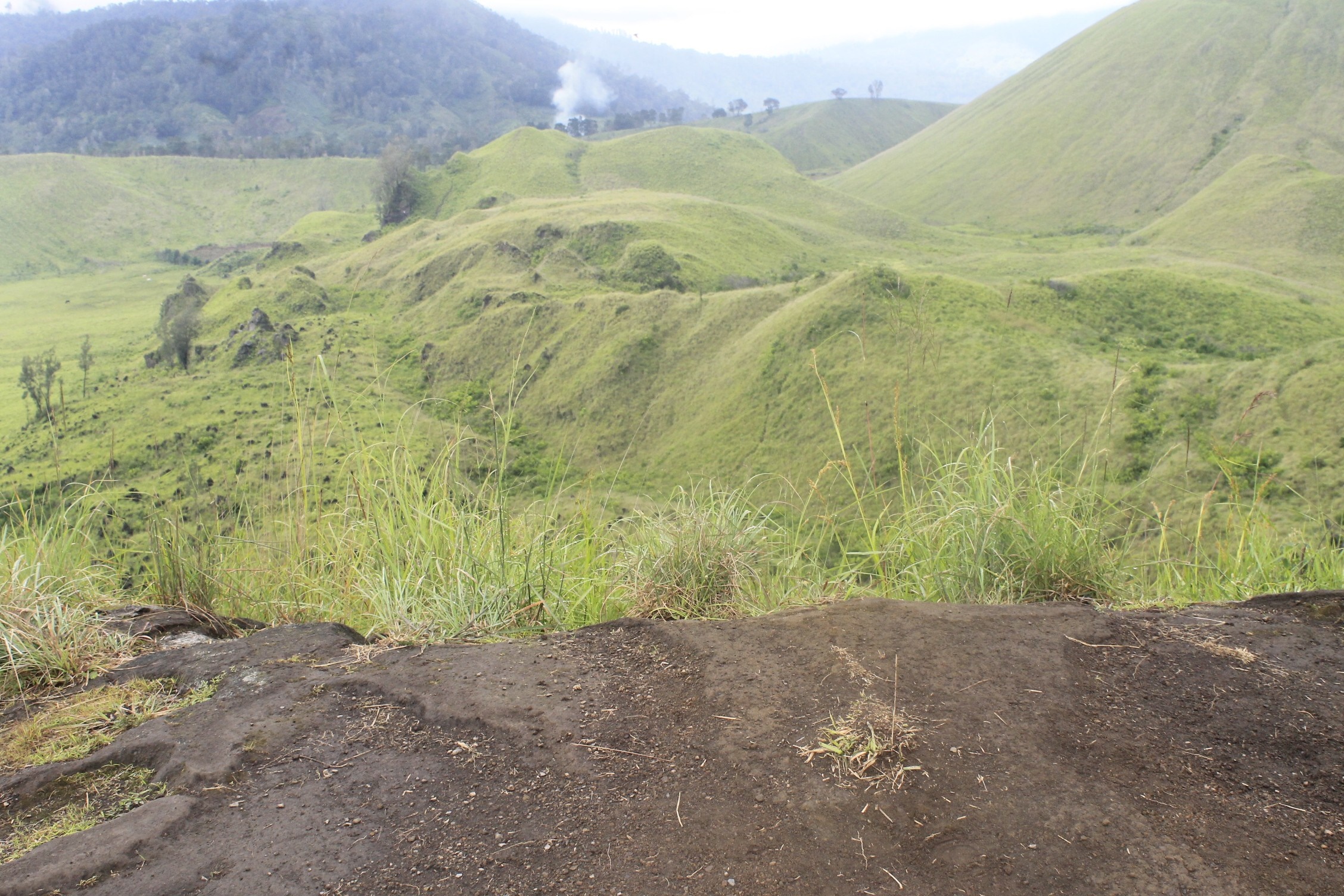 Rolling green hills and rocky terrain under a cloudy sky HD Wallpaper
