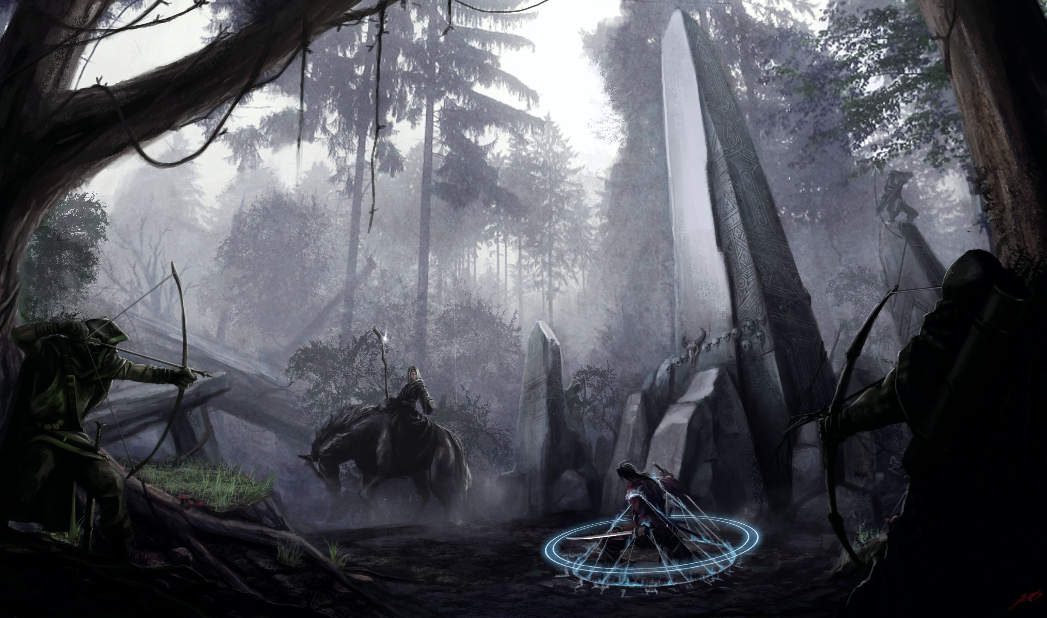 Fantasy forest battle with archers and a magician HD Wallpaper