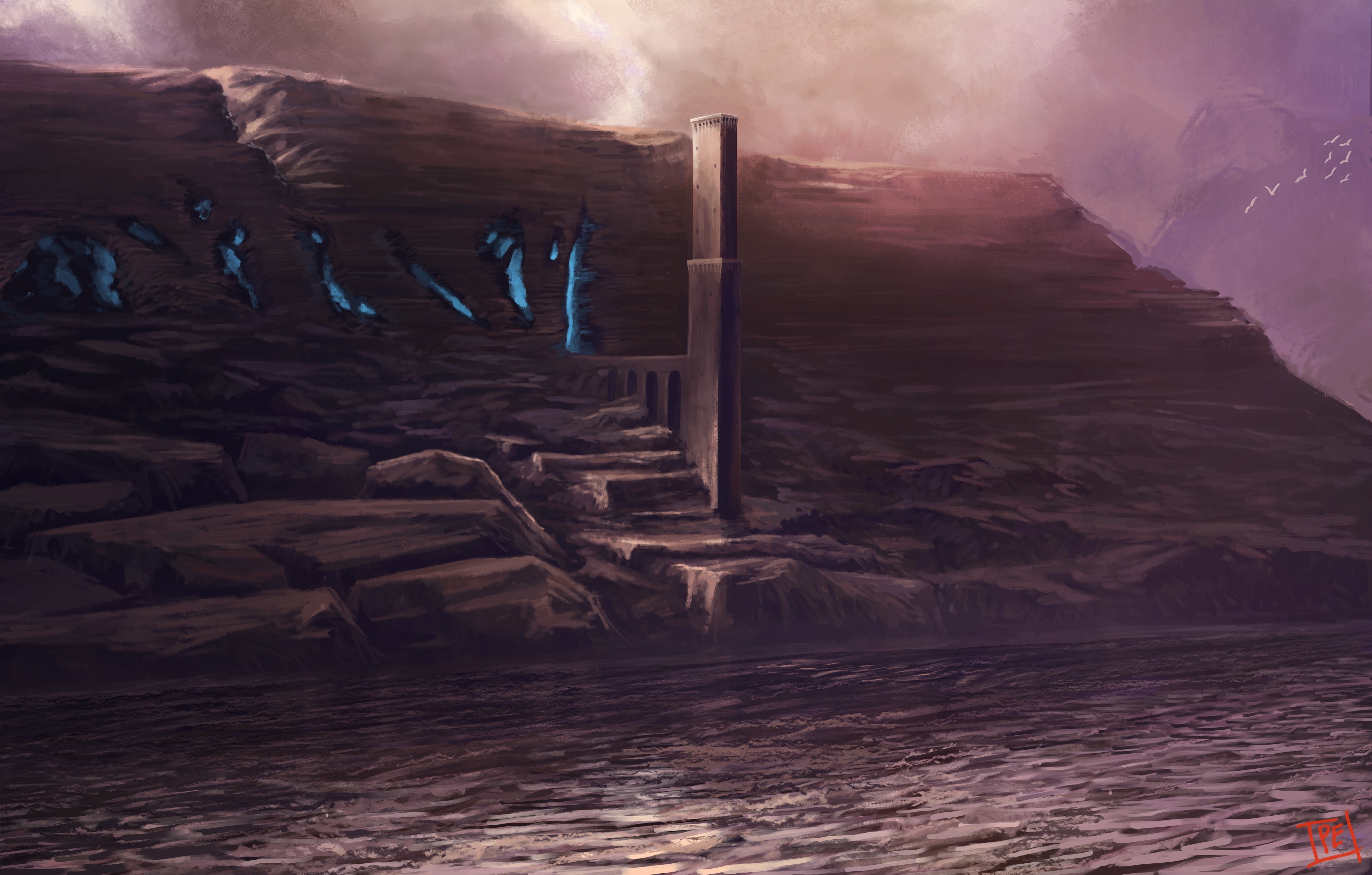 Fantasy landscape with ancient ruins by the sea at sunset HD Wallpaper