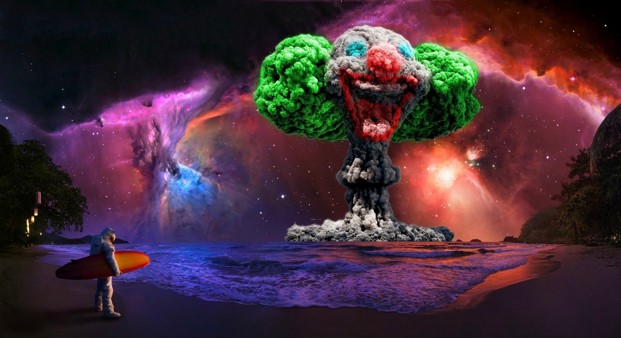 Astronaut with surfboard on beach with clown explosion in space HD Wallpaper