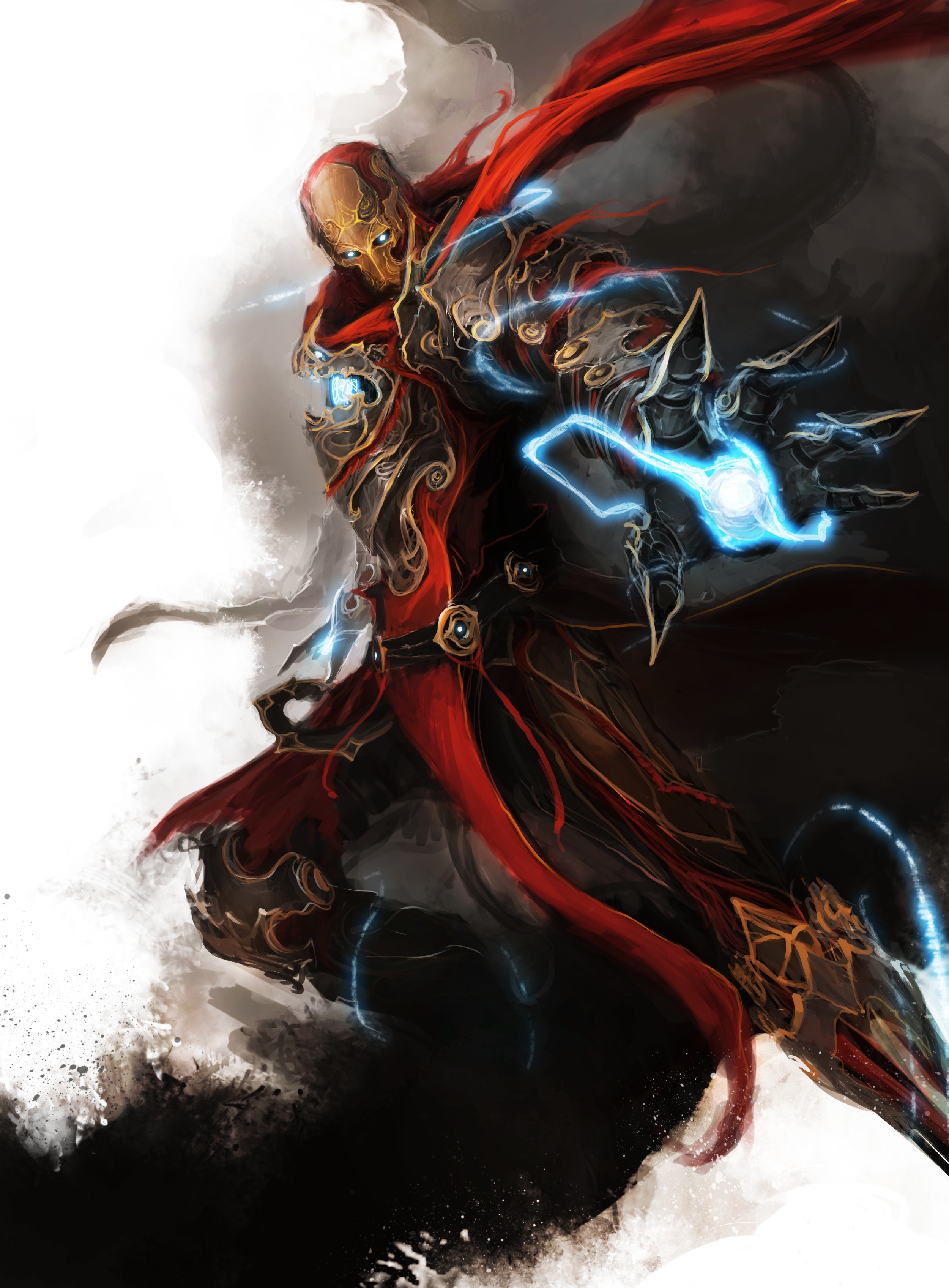 Fantasy warrior with red cape and glowing hands HD Wallpaper