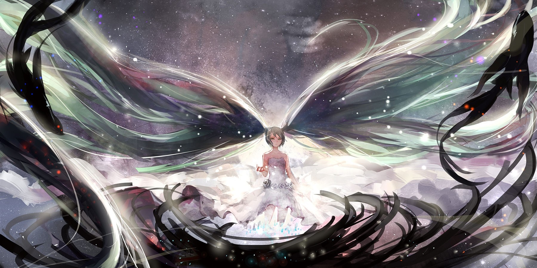 Anime girl with large wings in a starry sky HD Wallpaper