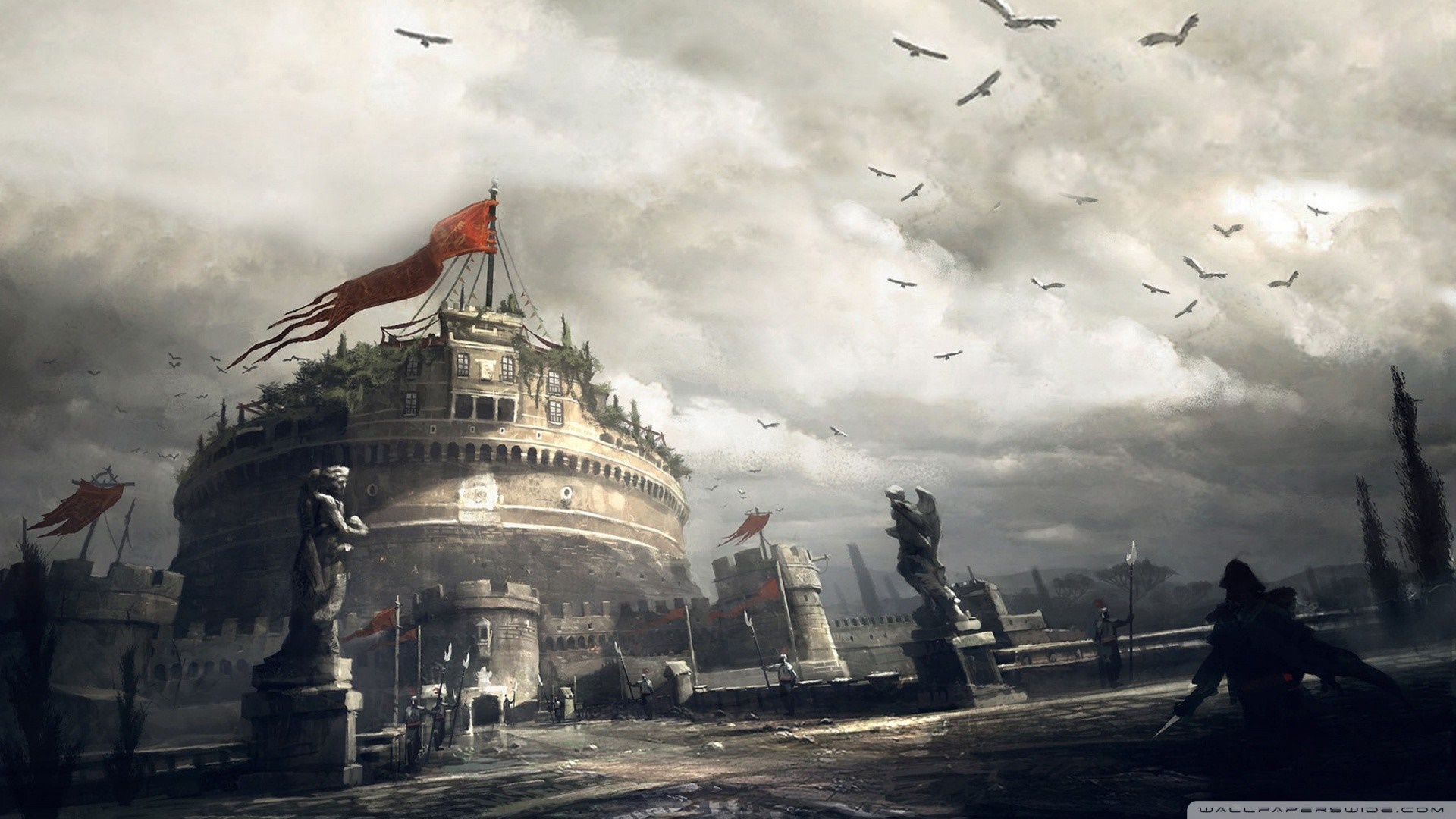 Assassin's Creed castle with red banners and birds HD Wallpaper