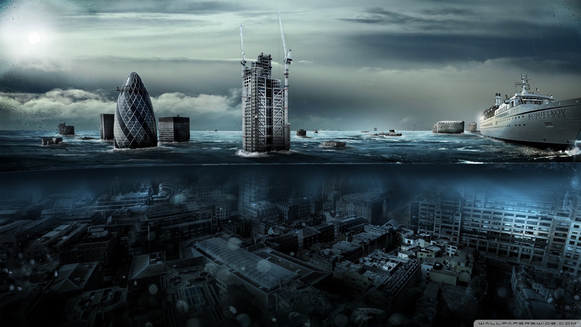 Flooded Cityscape with Ship and Construction HD Wallpaper
