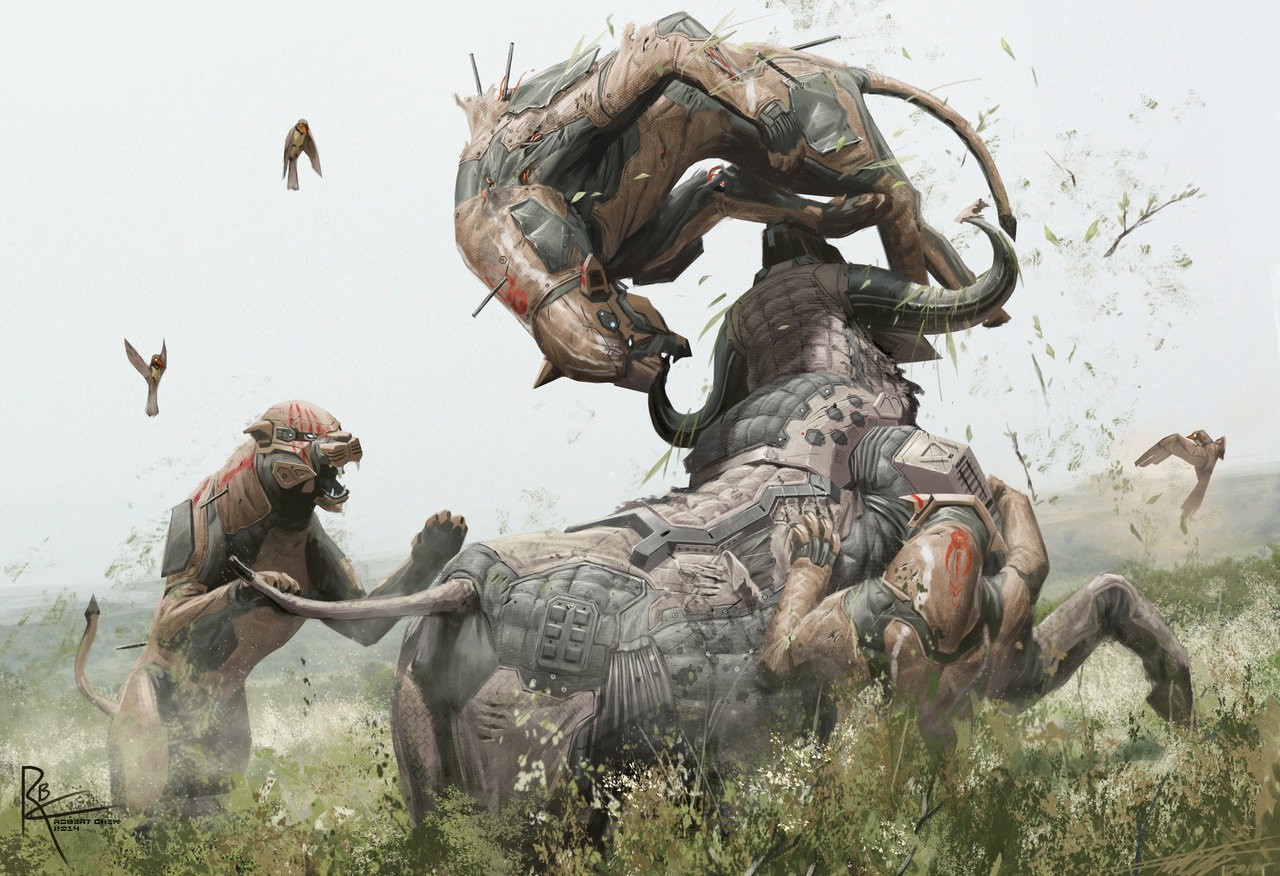 Cyberpunk lions fighting a cyborg buffalo HD Wallpaper