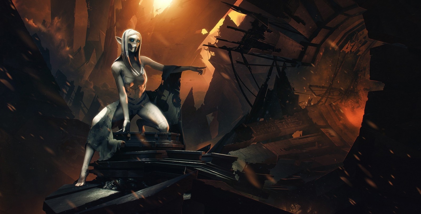 Fantasy art of an elf in a ruined environment HD Wallpaper