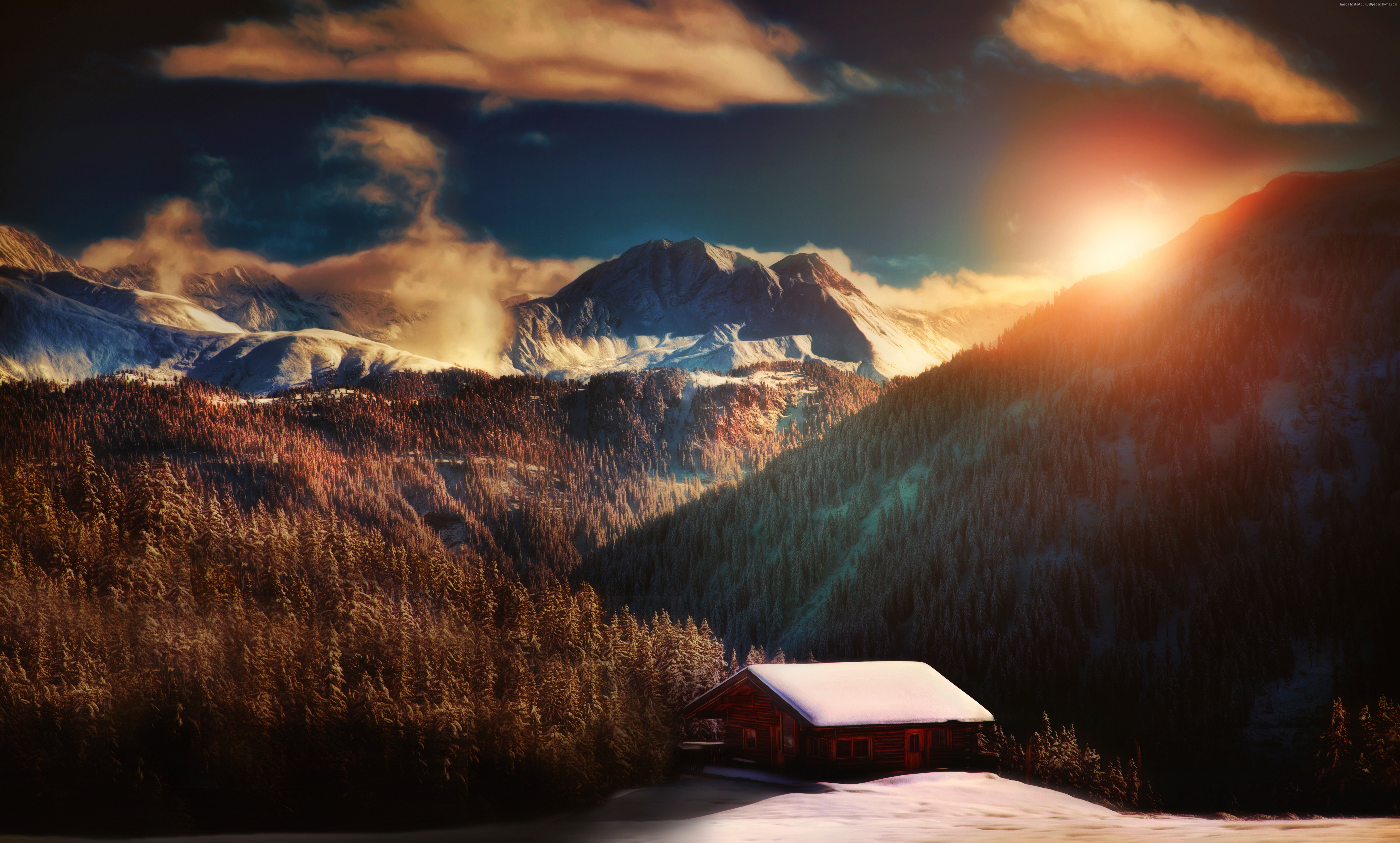Sunset over snow-covered Alps with a cabin HD Wallpaper