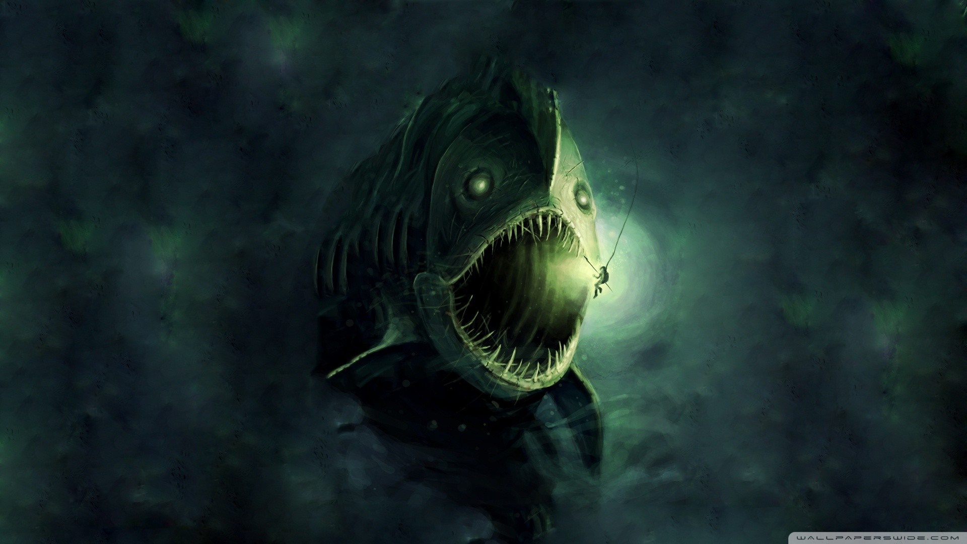 Fantasy art of a monstrous anglerfish in dark water HD Wallpaper