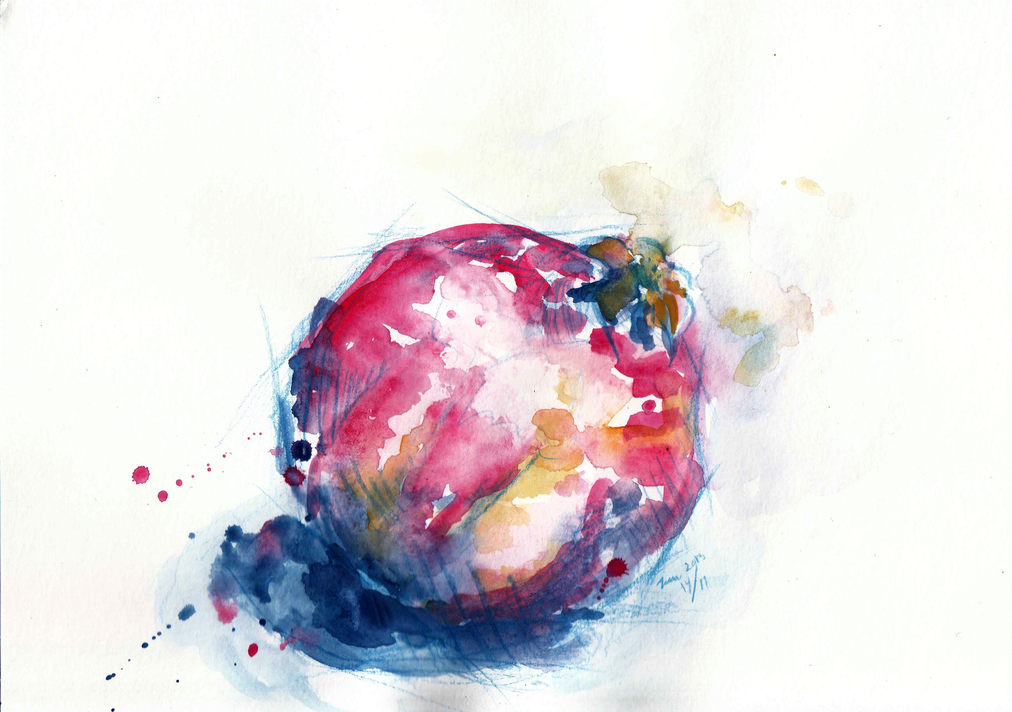 Watercolor painting of a red fruit with blue accents HD Wallpaper