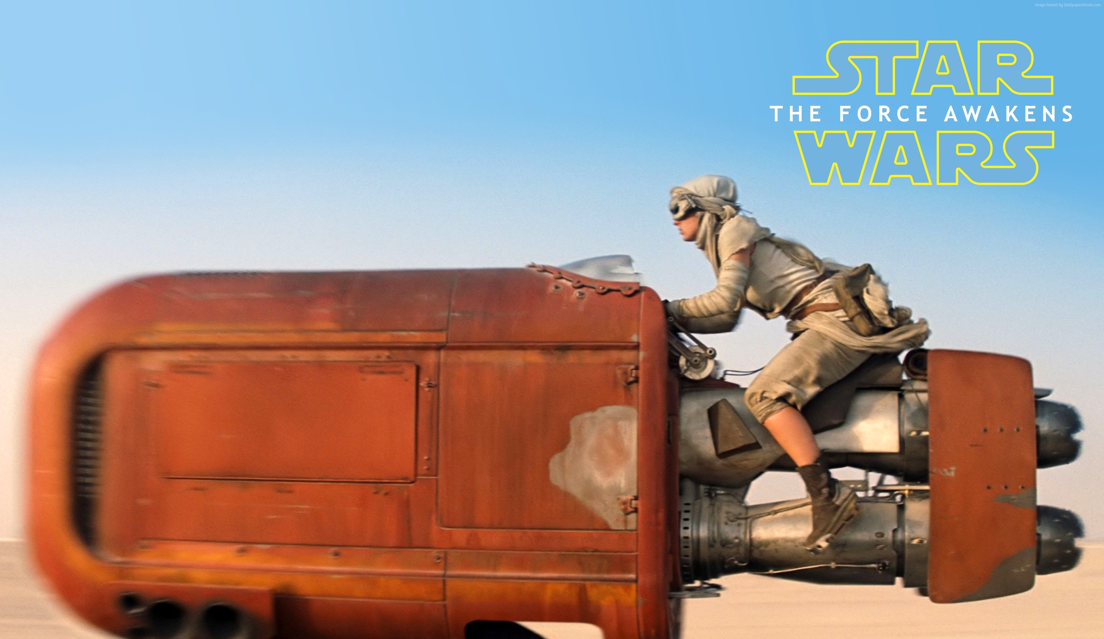 Rey from Star Wars: The Force Awakens riding a speeder HD Wallpaper