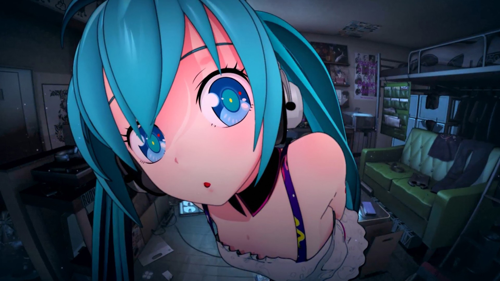 Hatsune Miku in a messy room with a couch HD Wallpaper