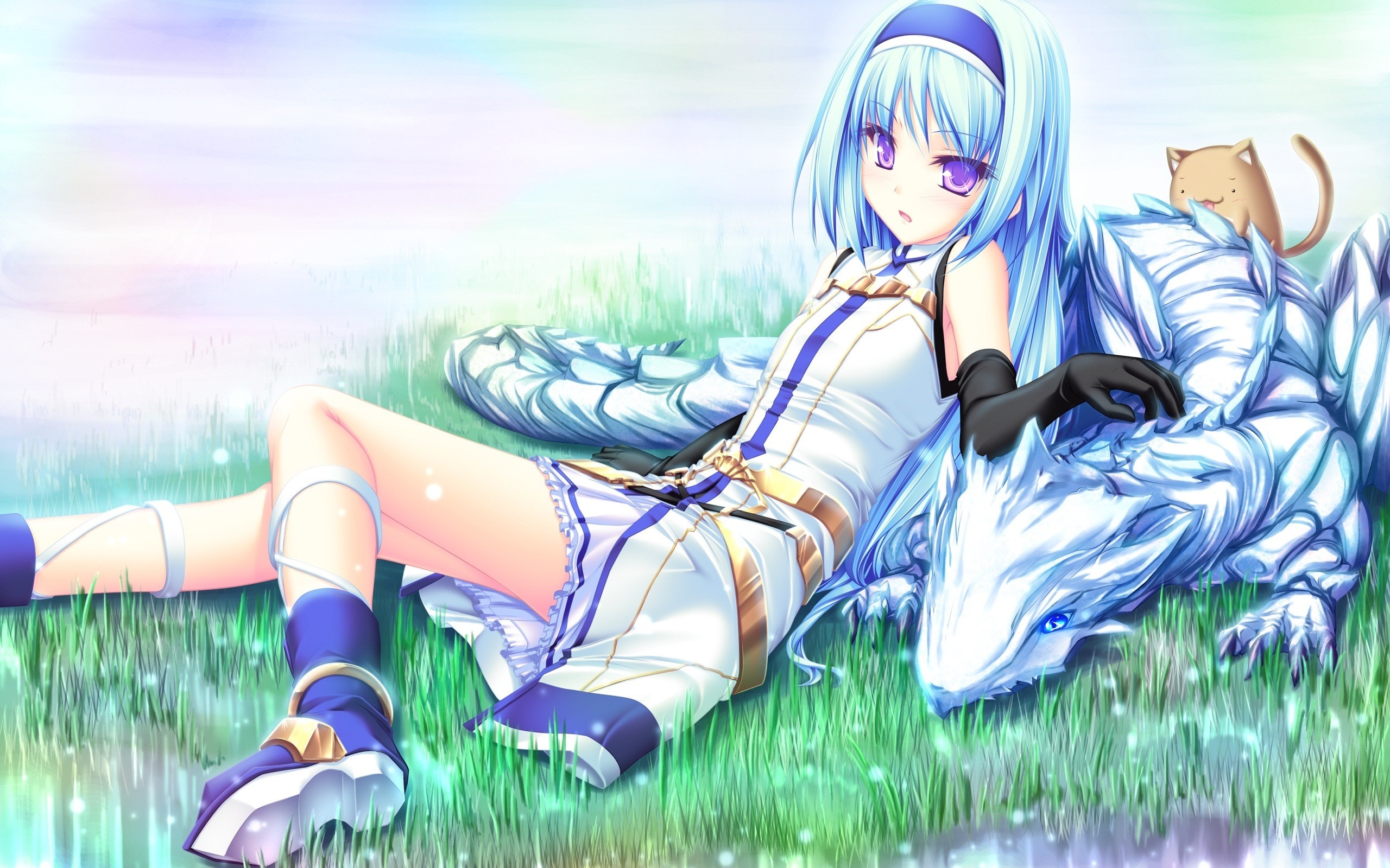 Anime girl with blue hair and dragon HD Wallpaper