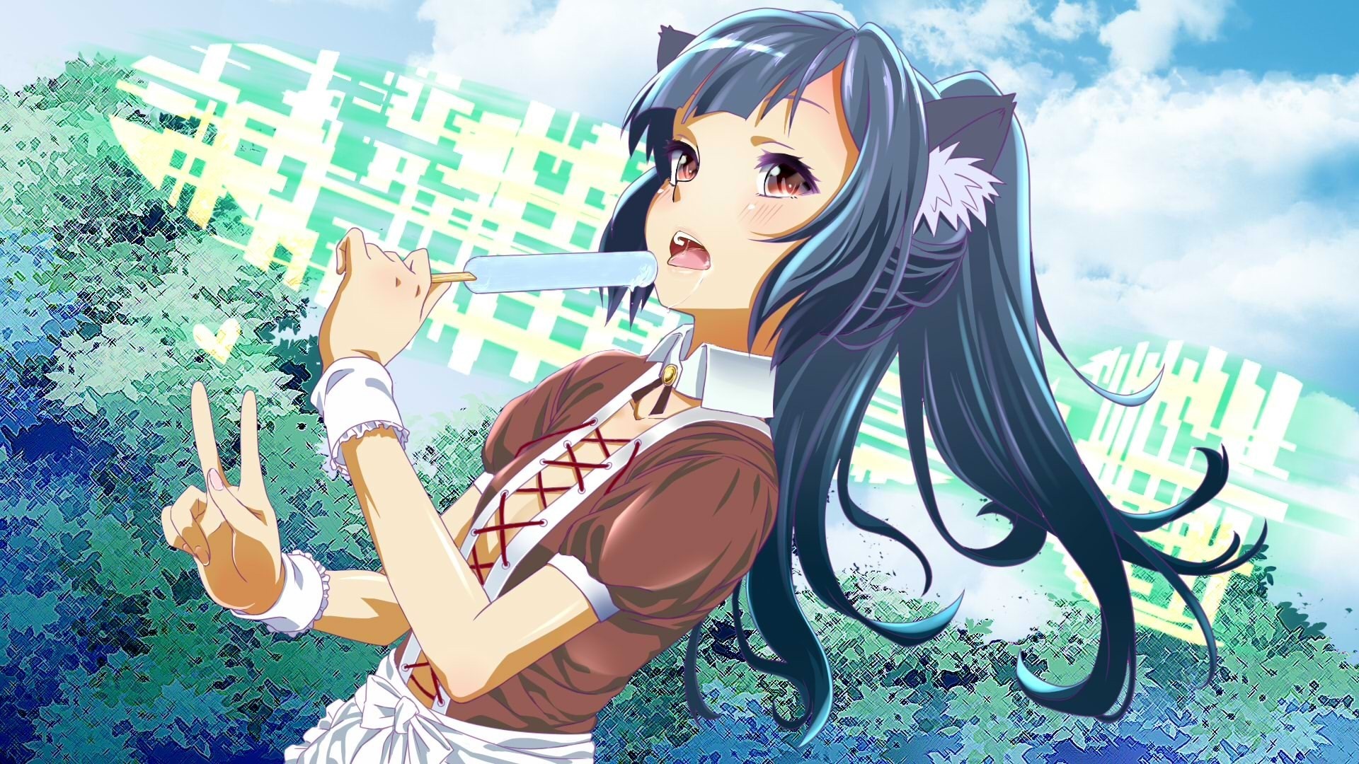Anime girl with cat ears eating ice cream HD Wallpaper