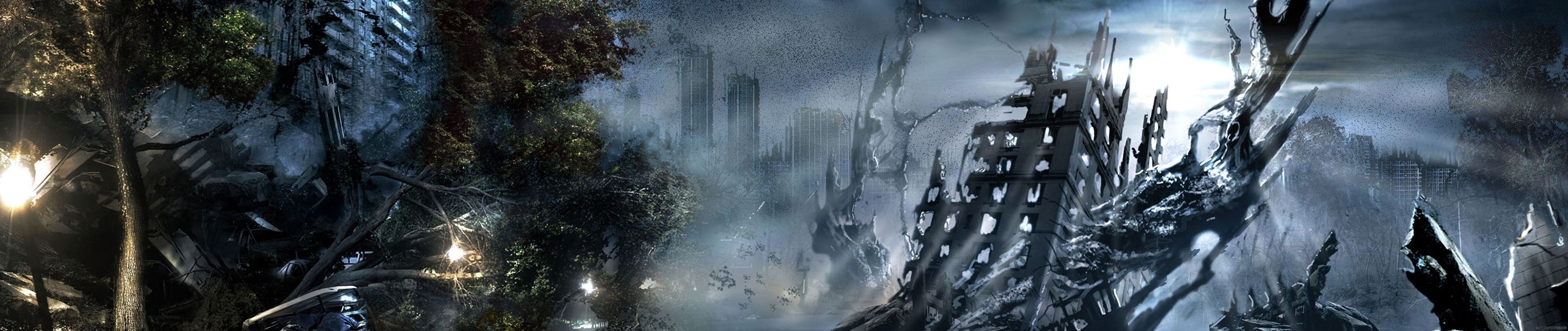 Ruined city with trees and sunlight HD Wallpaper