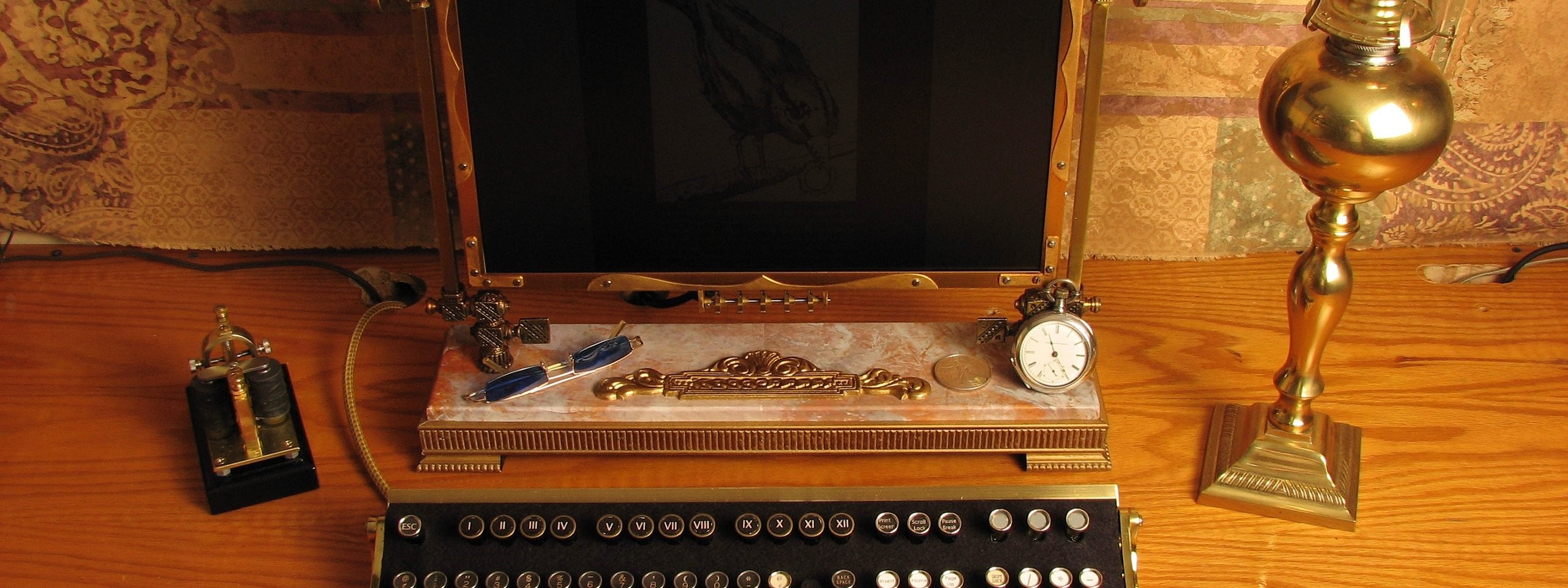 Steampunk computer with typewriter keyboard and brass lamp HD Wallpaper