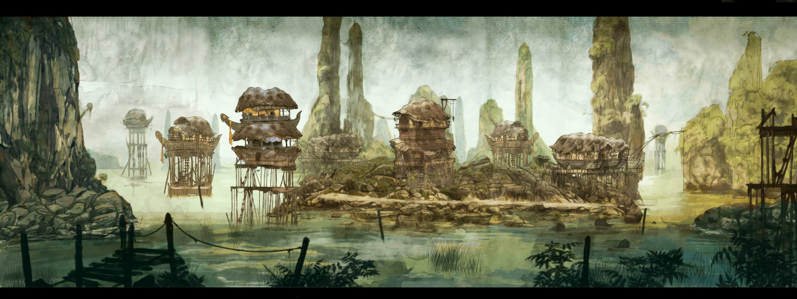 Fantasy village on stilts in a swampy landscape HD Wallpaper