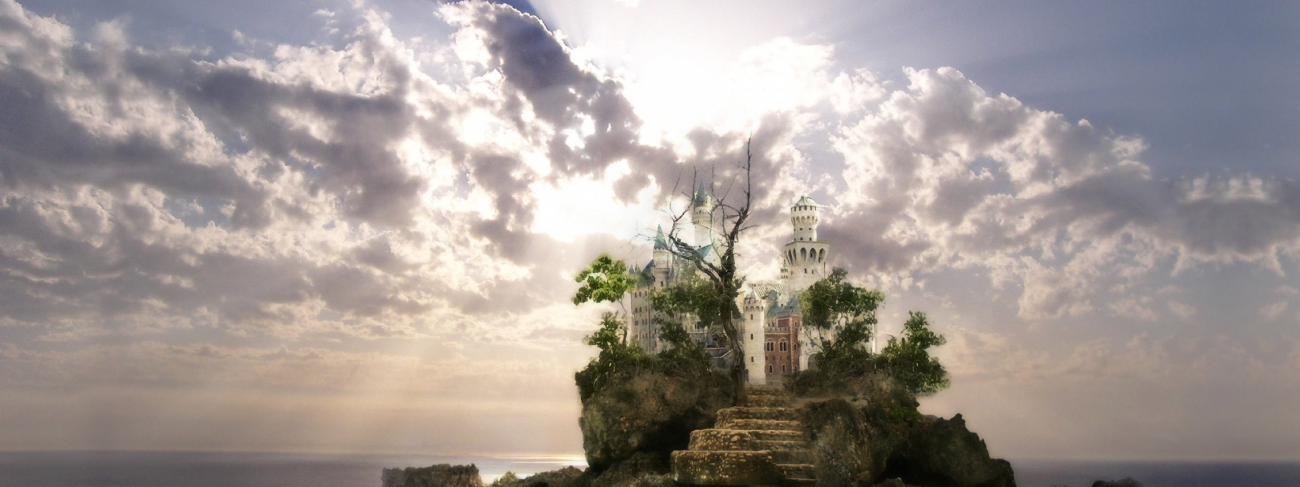 Fantasy castle on a rocky island at sunset HD Wallpaper