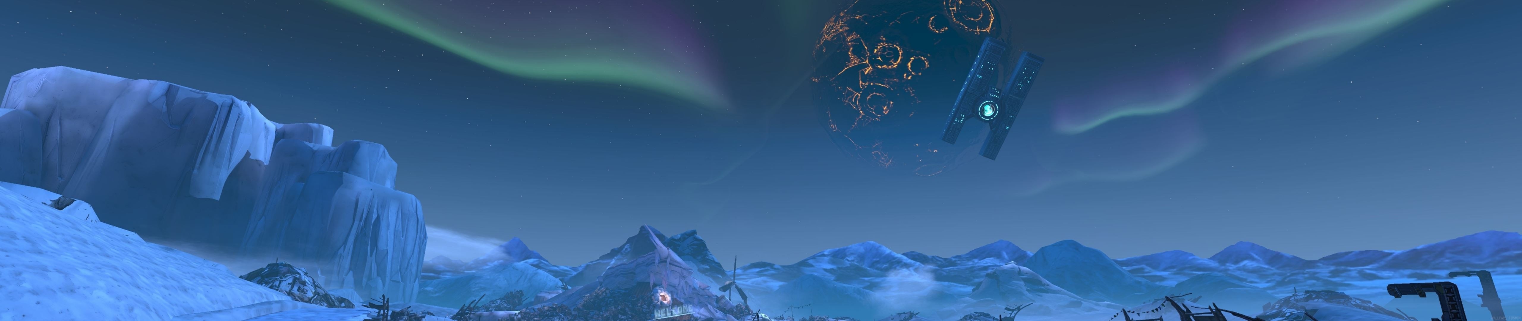 Alien planet landscape with aurora and orbiting structure HD Wallpaper