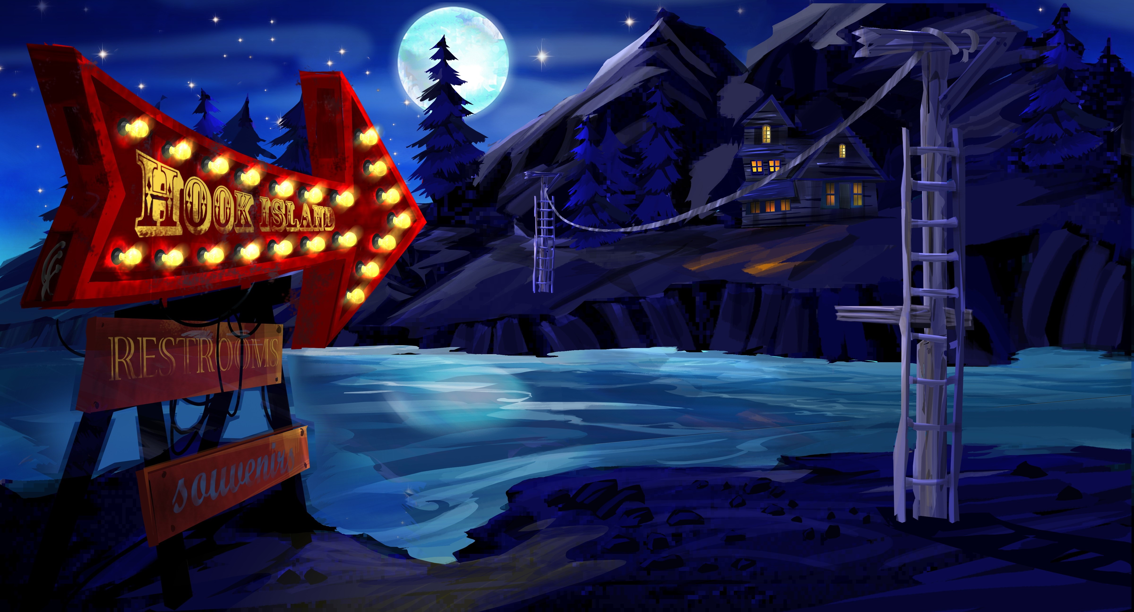 Hook Island sign and cabins at night HD Wallpaper
