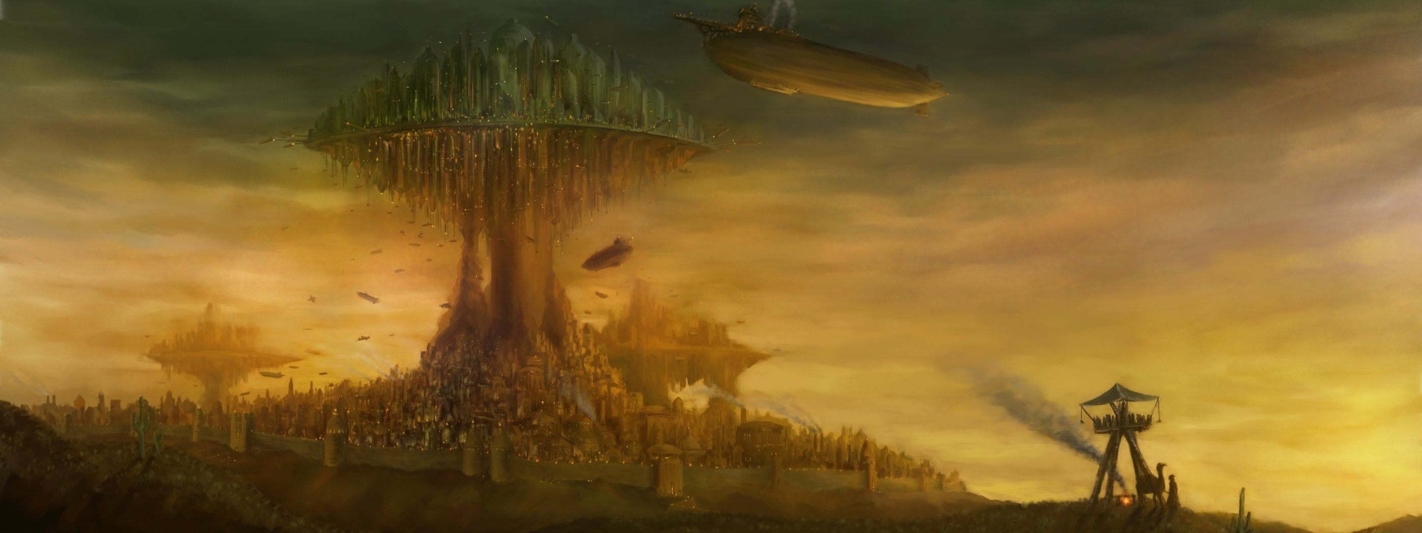 Steampunk city with floating islands and airships at sunset HD Wallpaper