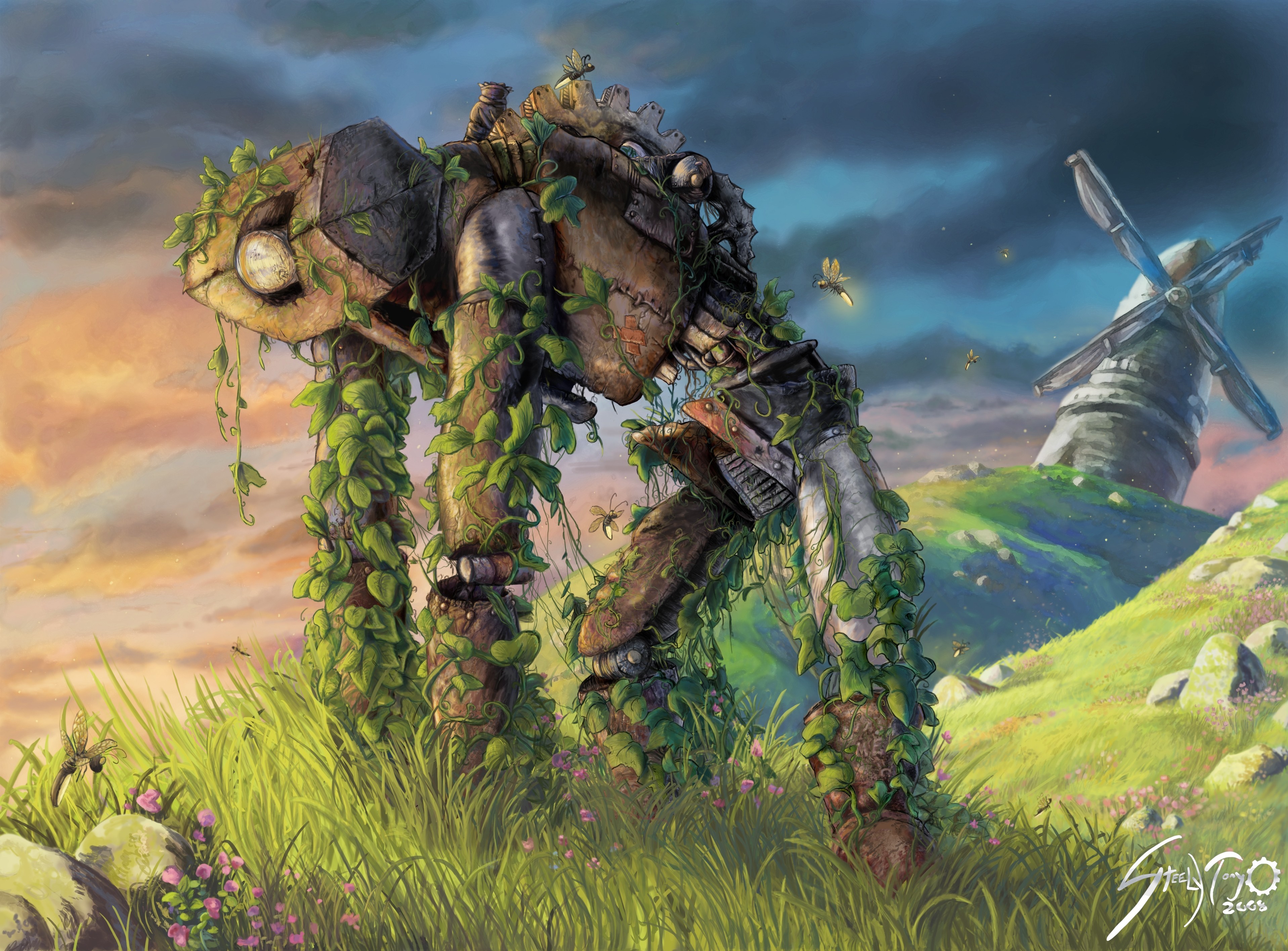 Giant robot covered in vines in a field with a windmill HD Wallpaper
