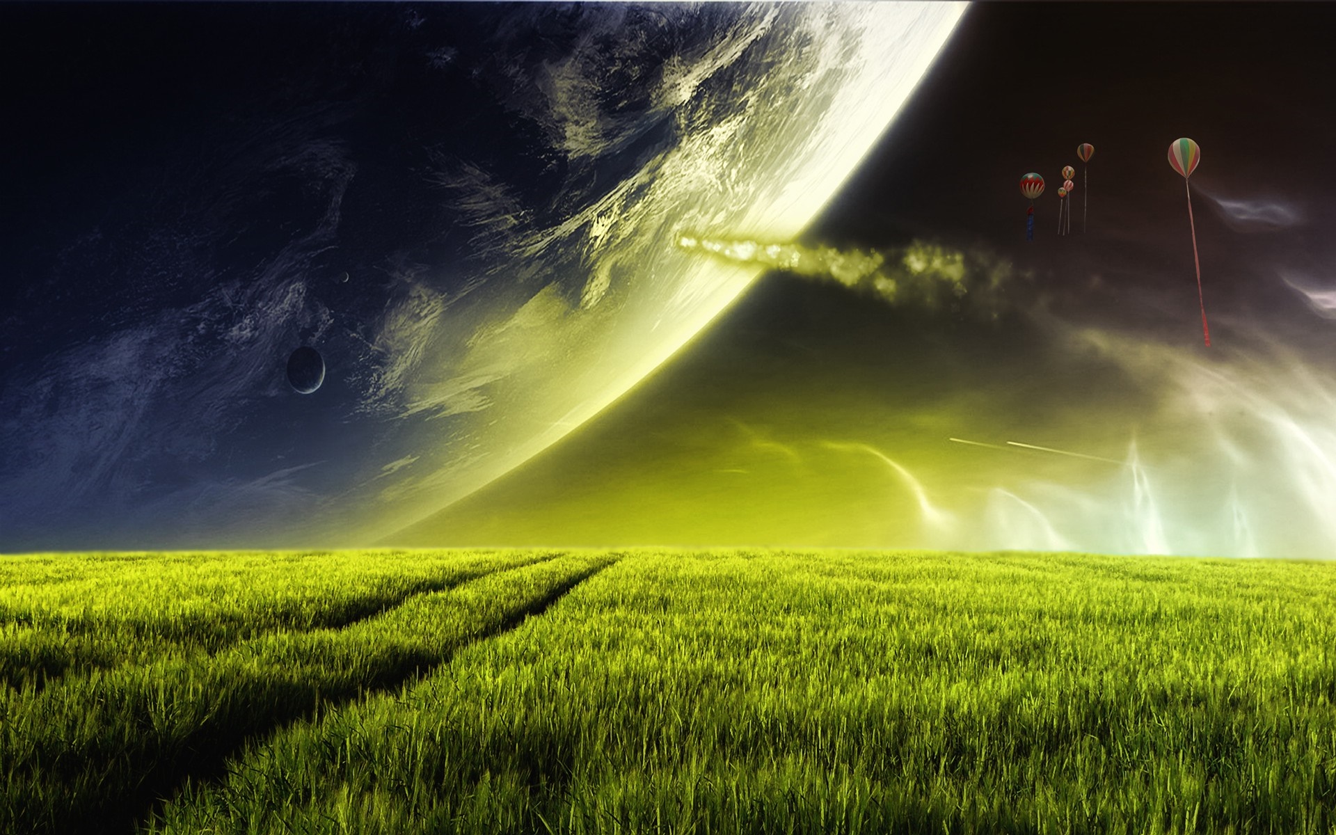 Alien planet with hot air balloons over a grassy field HD Wallpaper