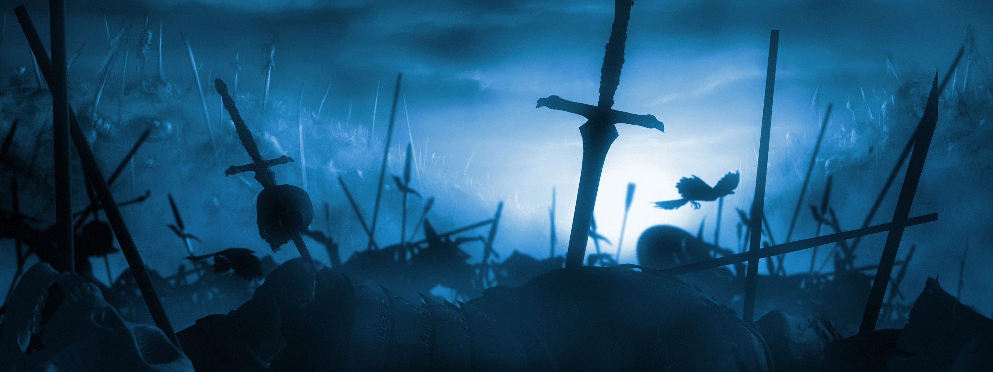 Battlefield with swords and a bird HD Wallpaper